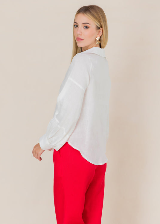 Ballon sleeve button down linen blouse