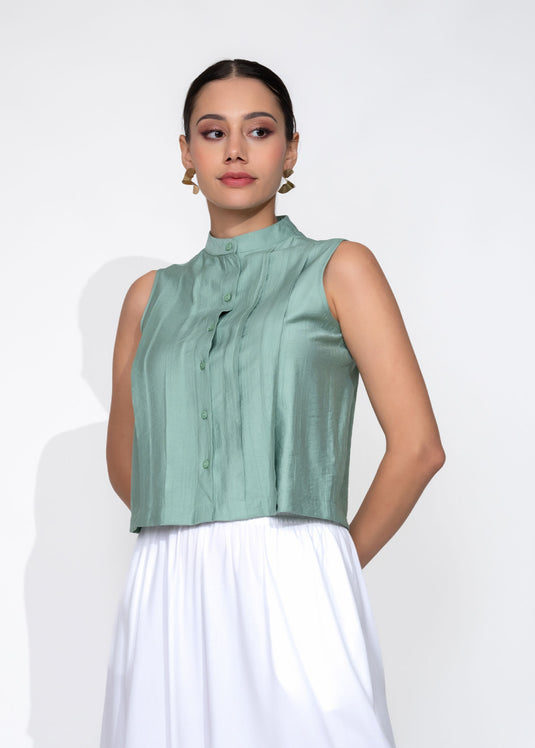 Sleeveless Blouse With Front Pleats