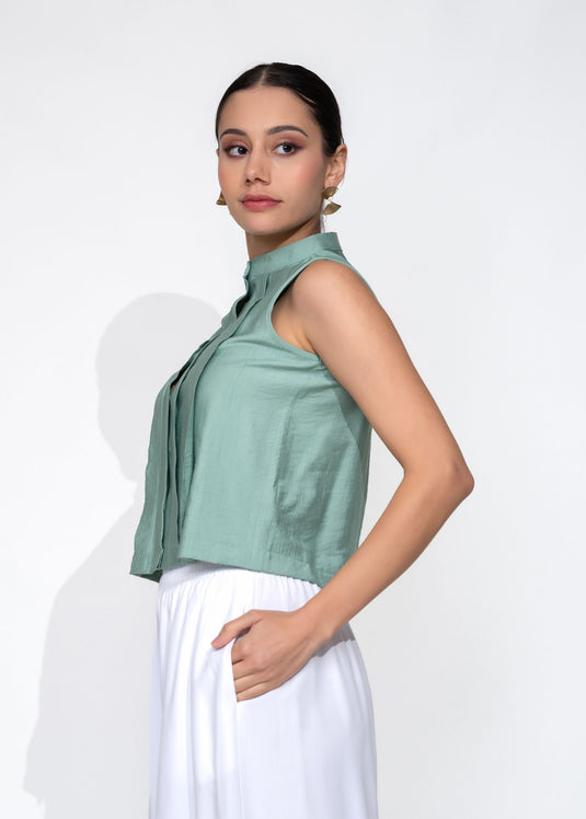 Sleeveless Blouse With Front Pleats