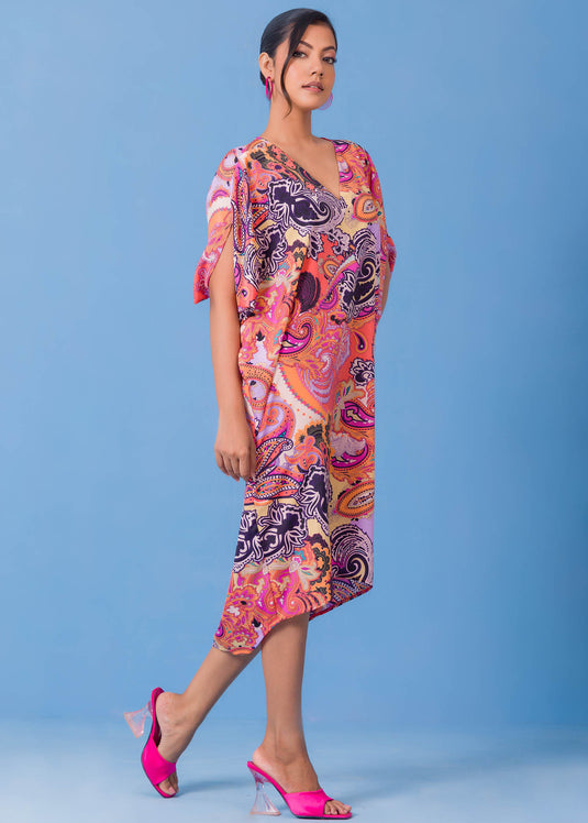 V Printed Neck Kaftan Dress