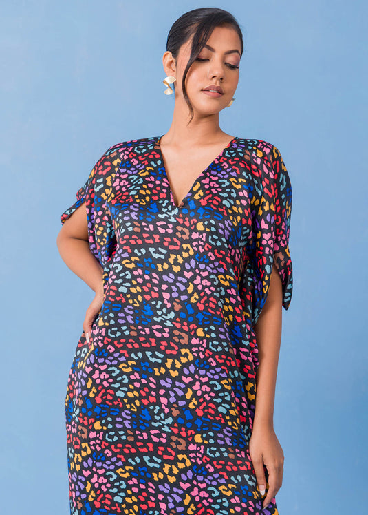 V Printed Neck Kaftan Dress