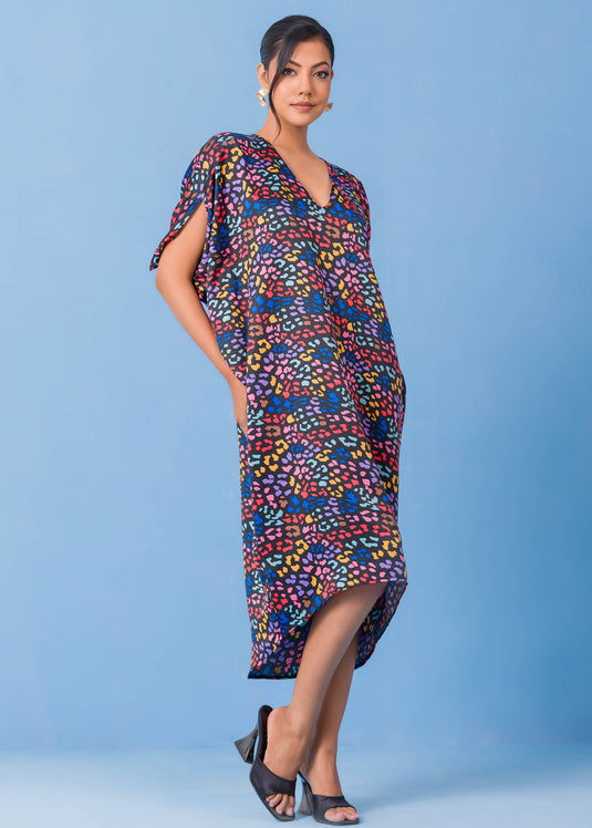 V Printed Neck Kaftan Dress