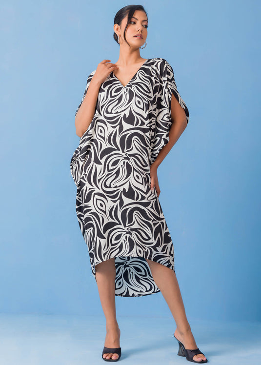 V Printed Neck Kaftan Dress