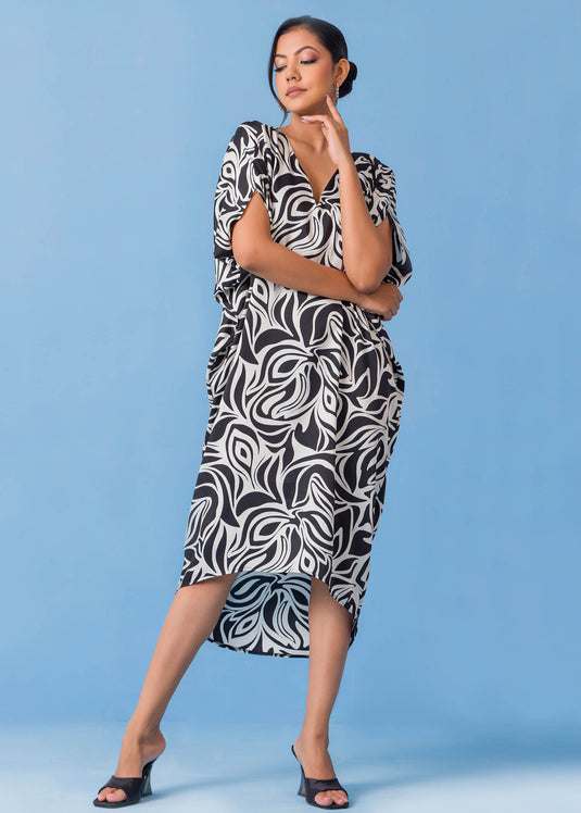 V Printed Neck Kaftan Dress