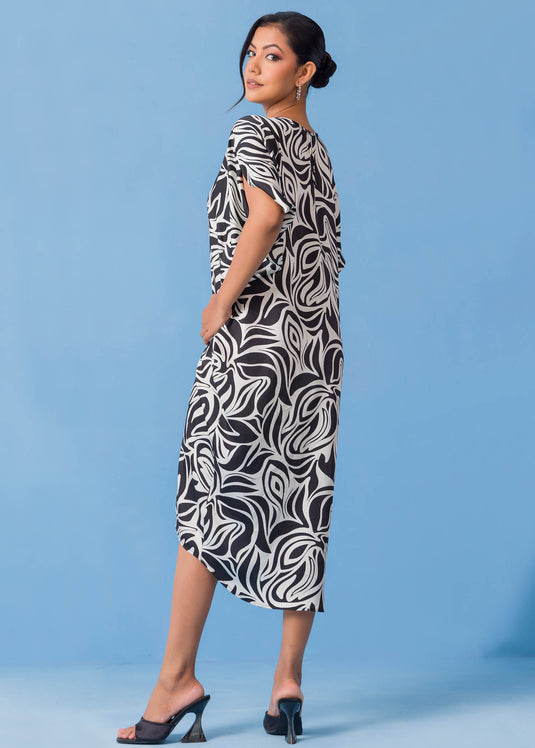 V Printed Neck Kaftan Dress