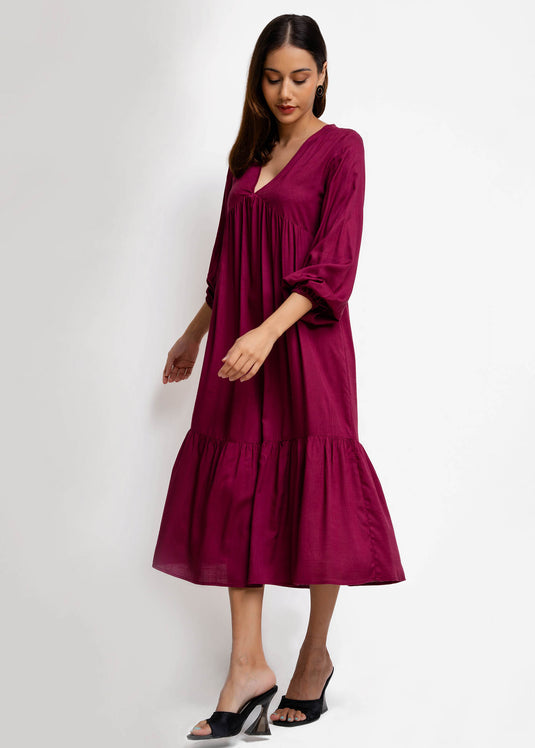 Long Sleeve V Neck Tiered Dress