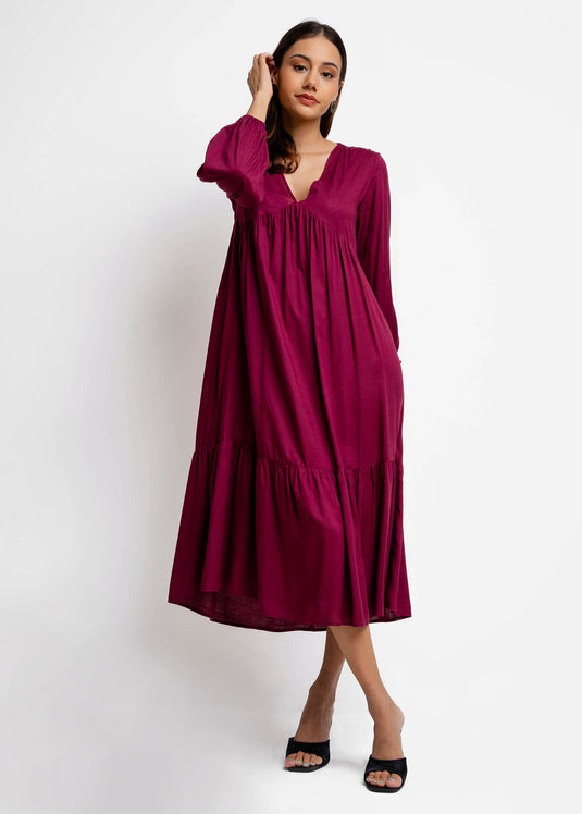 Long Sleeve V Neck Tiered Dress