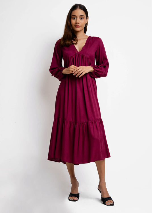 Long Sleeve V Neck Tiered Dress