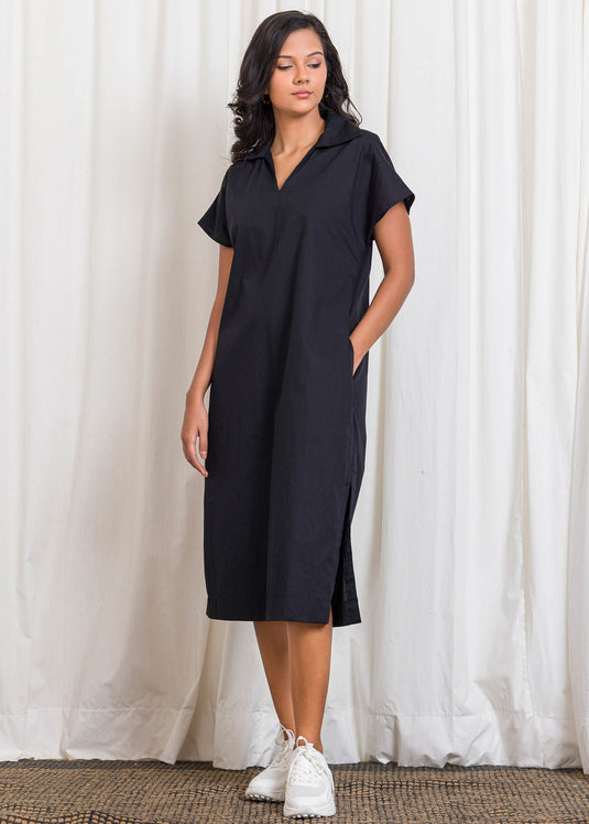 Midi Dress With Collar And Side Slits