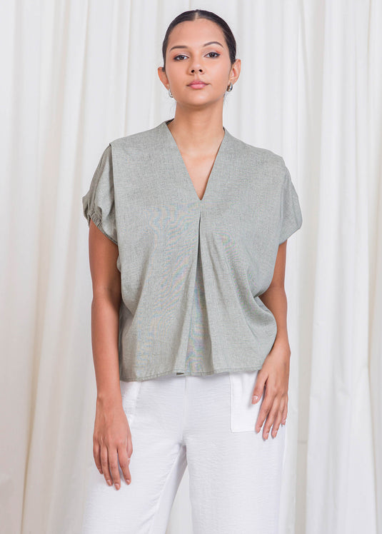 V Neck Blouse With Front Pleat