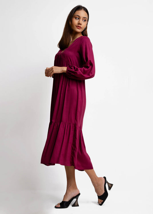 Long Sleeve V Neck Tiered Dress