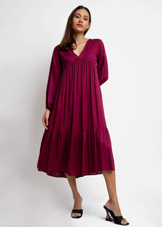 Long Sleeve V Neck Tiered Dress