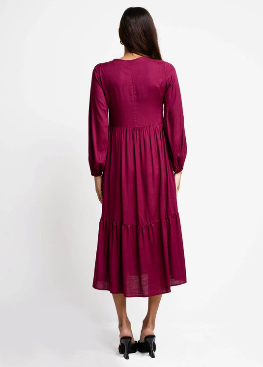 Long Sleeve V Neck Tiered Dress