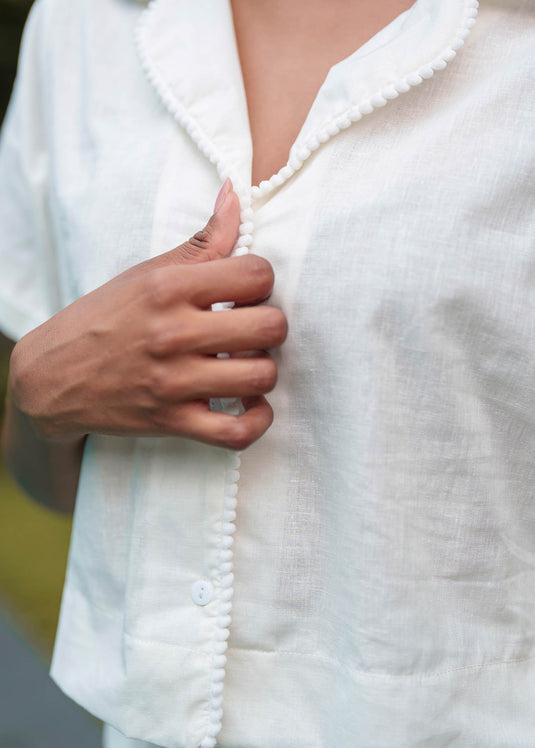 Cuban Collar Blouse With Pom Pom Lace