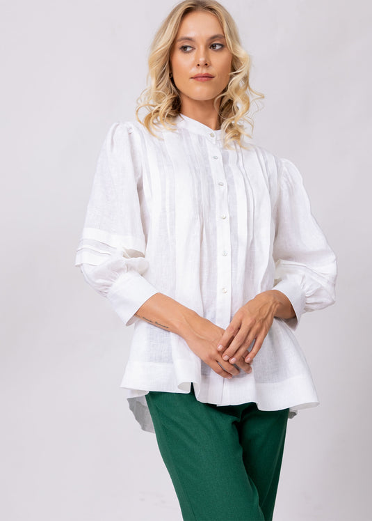 Pintuck Detail Blouse With Mandarin Collar