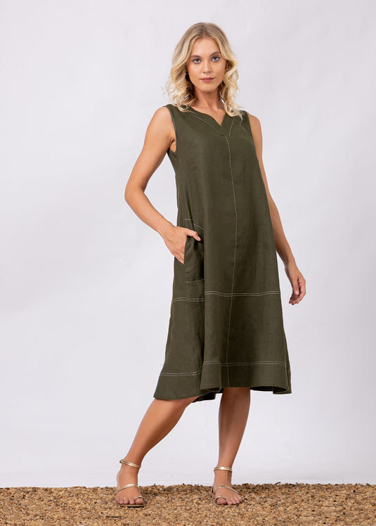 Sleeveless Trapeze Dress With Top Stitch Detail