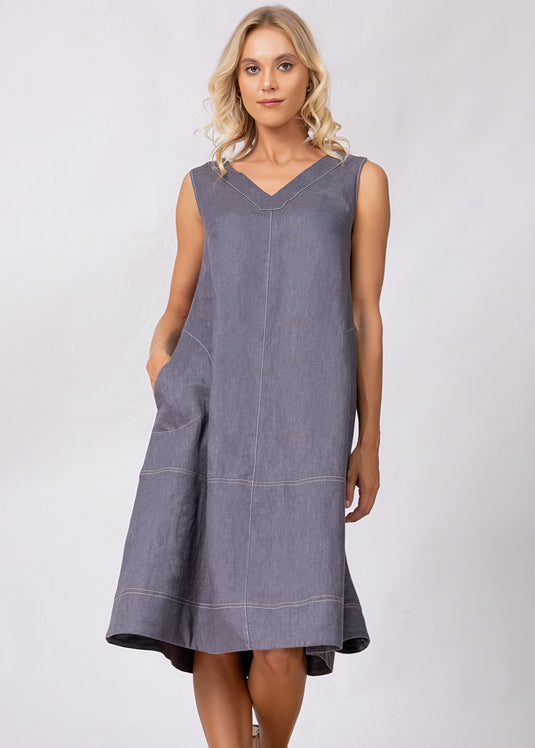 Sleeveless Trapeze Dress With Top Stitch Detail