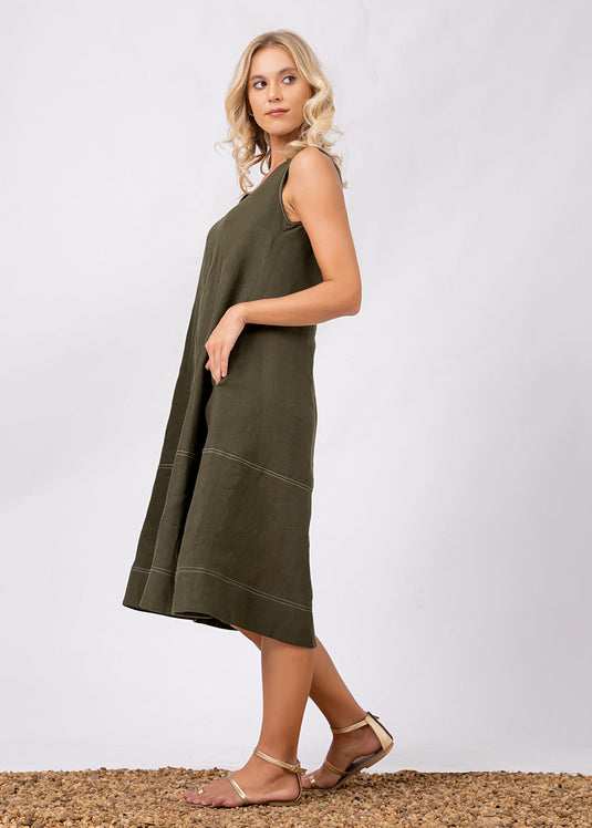 Sleeveless Trapeze Dress With Top Stitch Detail