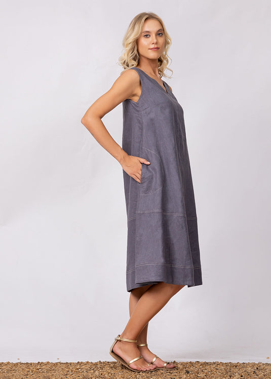 Sleeveless Trapeze Dress With Top Stitch Detail