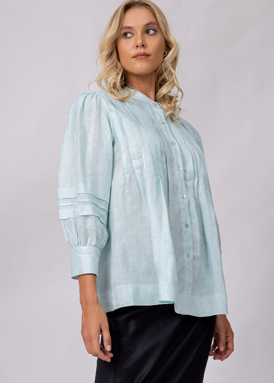 Pintuck Detail Blouse With Mandarin Collar