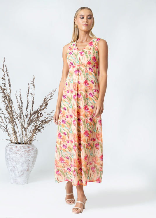 Printed V neck sleeveless maxi dress