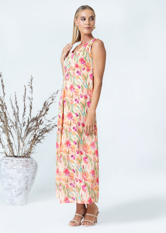 Printed V neck sleeveless maxi dress