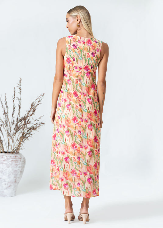 Printed V neck sleeveless maxi dress