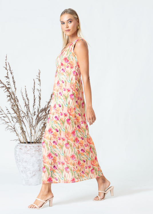 Printed V neck sleeveless maxi dress