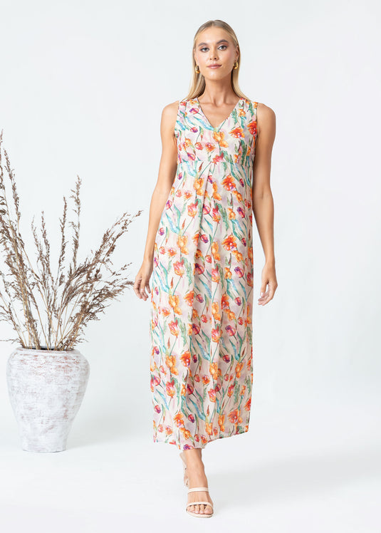 Printed V neck sleeveless maxi dress