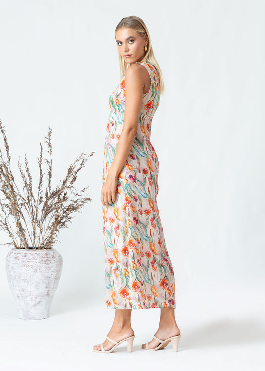 Printed V neck sleeveless maxi dress