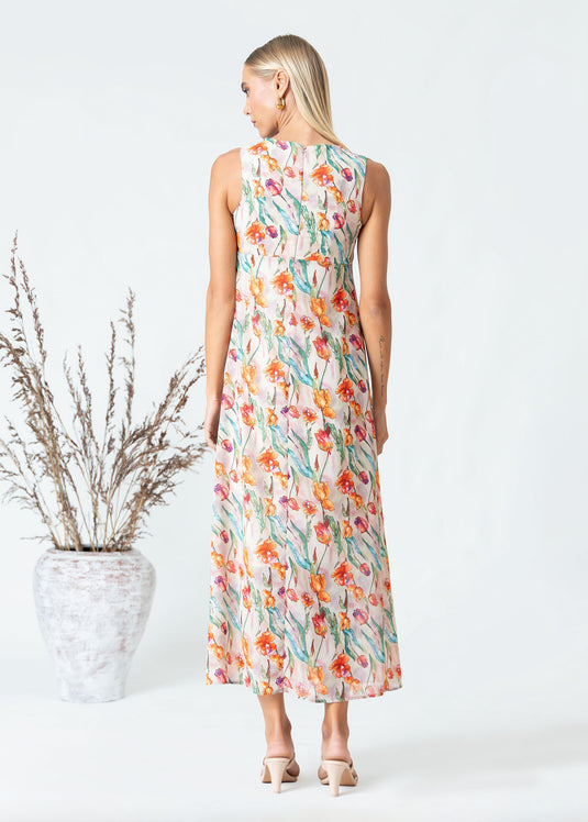 Printed V neck sleeveless maxi dress