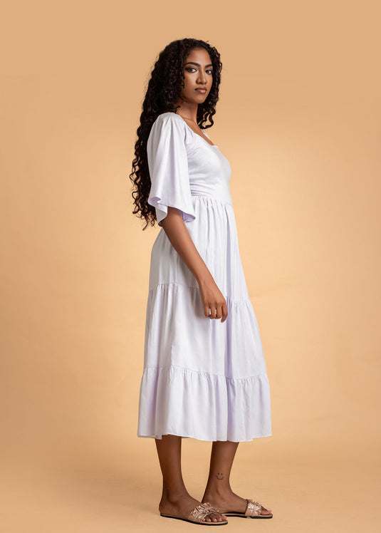 Tiered Midi Dress With Flounce Sleeve