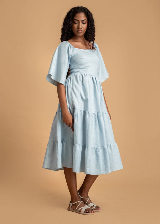 Tiered Midi Dress With Flounce Sleeve