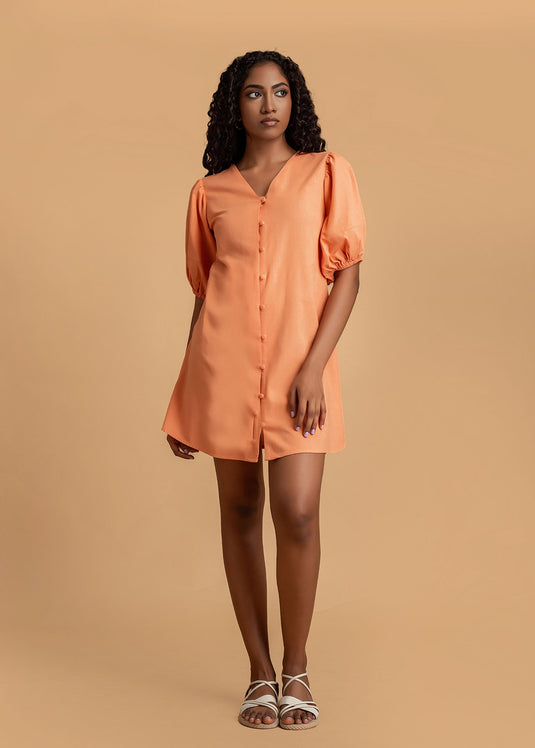 V Neck Short Dress With Puff Sleeve