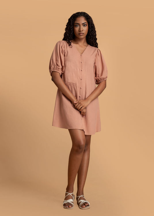 V Neck Short Dress With Puff Sleeve