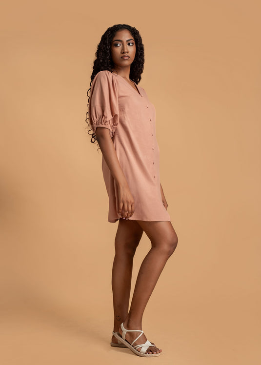 V Neck Short Dress With Puff Sleeve