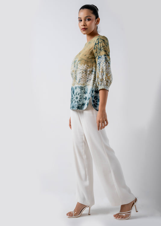 Batik Round Neck Puff Sleeved Top