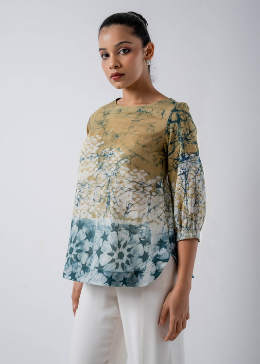 Batik Round Neck Puff Sleeved Top