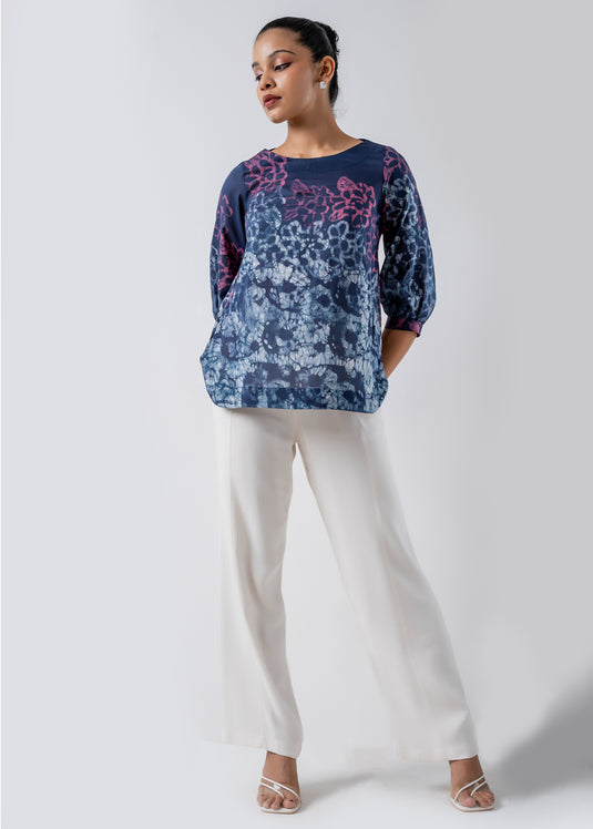 Batik Round Neck Puff Sleeved Top