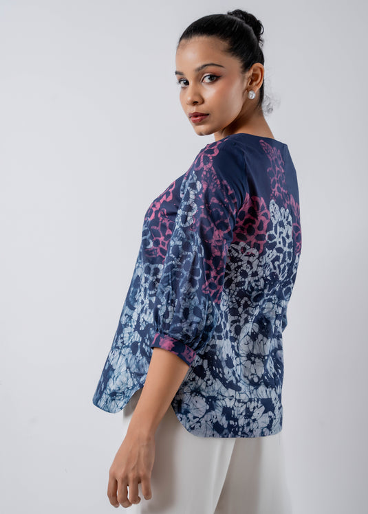 Batik Round Neck Puff Sleeved Top