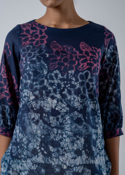 Batik Round Neck Puff Sleeved Top