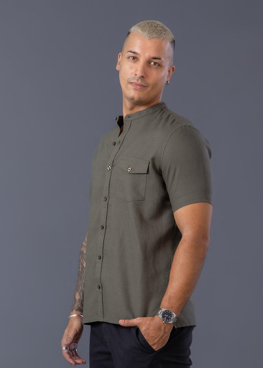 Manderin Collar Short Sleeve Shirt With Pkt.