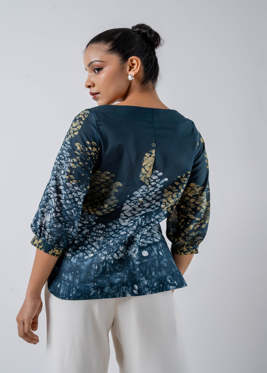 Batik Round Neck Puff Sleeved Top