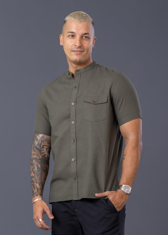 Manderin Collar Short Sleeve Shirt With Pkt.