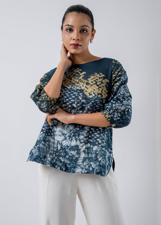 Batik Round Neck Puff Sleeved Top