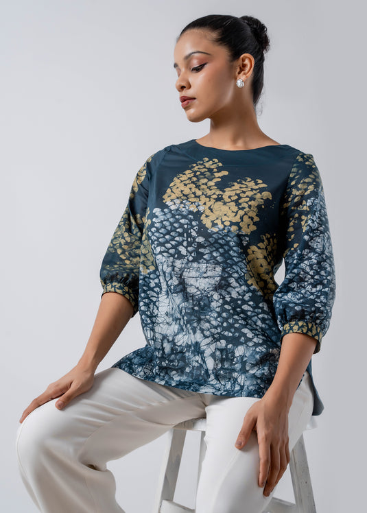 Batik Round Neck Puff Sleeved Top