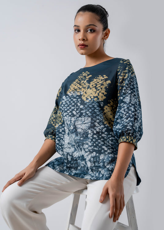 Batik Round Neck Puff Sleeved Top