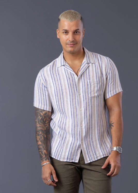 Casual Wear Stripe Cuban Collar S/S Shirt