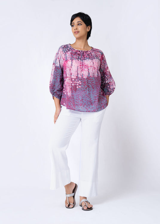 Batik Puff Sleeve Round Neck Top