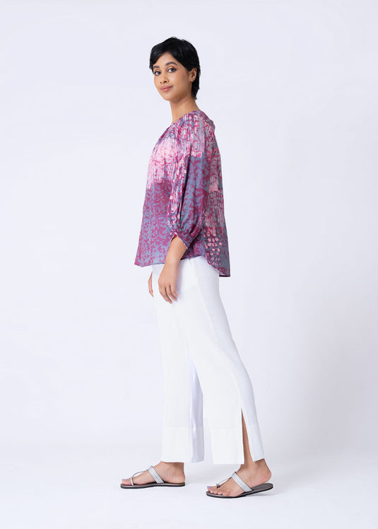 Batik Puff Sleeve Round Neck Top